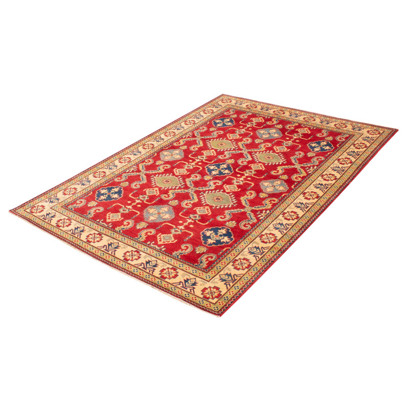 Tapis unique en laine noué à la main 4 pi x 6 pi 2 po nouvel âge Almitra - rouge / bleu / beige
