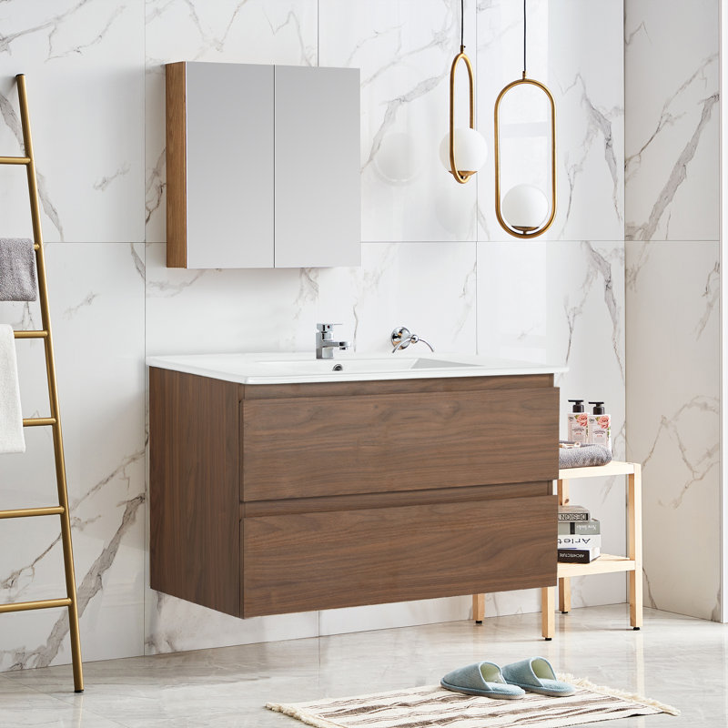 Ensemble de meuble-lavabo flottant mural en chêne brun avec tiroirs doubles