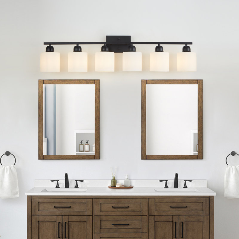 Éclairage pour meuble-lavabo 6 lumières résistant à l'humidité avec abat-jour en verre givré, Noir mat, Six lumières