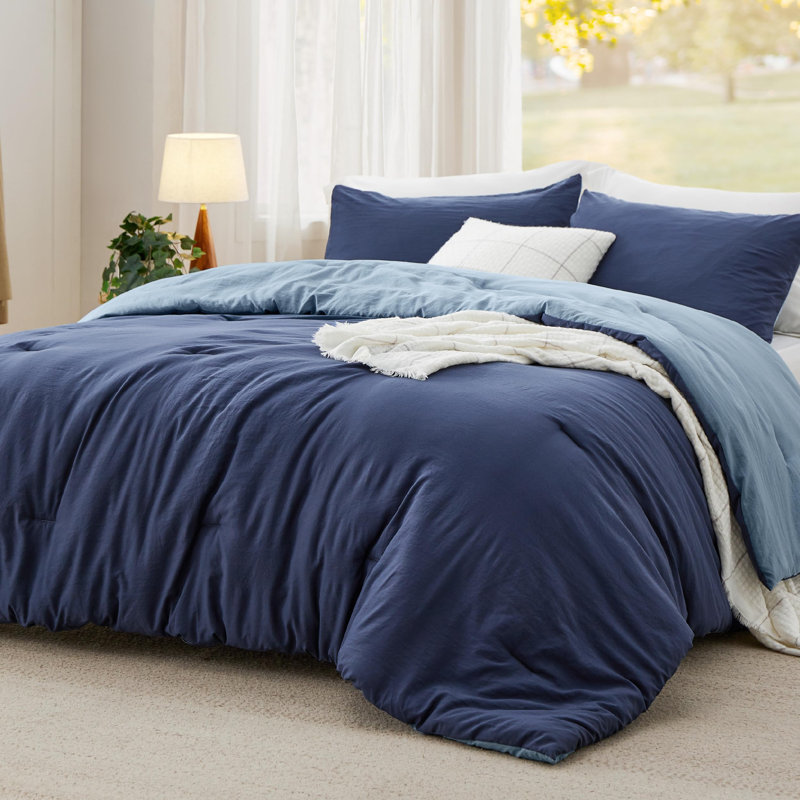 Bedsure Reversible Prewashed Comforter Set, King Comforter + 2 Standard Pillowcases, Navy/Blue