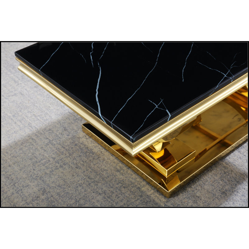 Modern Rectangular Black Marble Coffee Table with Gold Stainless Steel Base