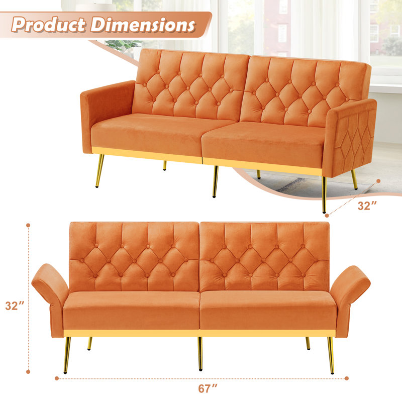 Zineta 67'' Velvet Sleeper Sofa, Orange