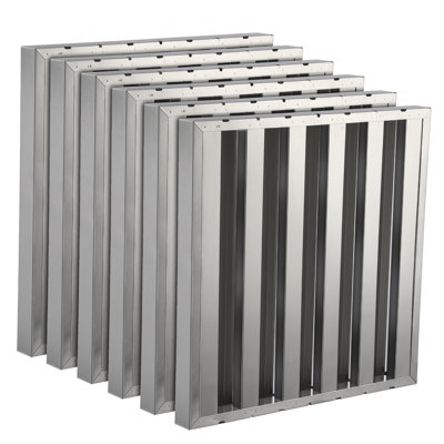 Lot de 6 filtres pour hottes de cuisine en acier inoxydable 430, dimensions : 49,5 x 49,5 x 4,8 cm, conception à 5 rainures pour systèmes d'extraction et de ventilation de cuisines commerciales.