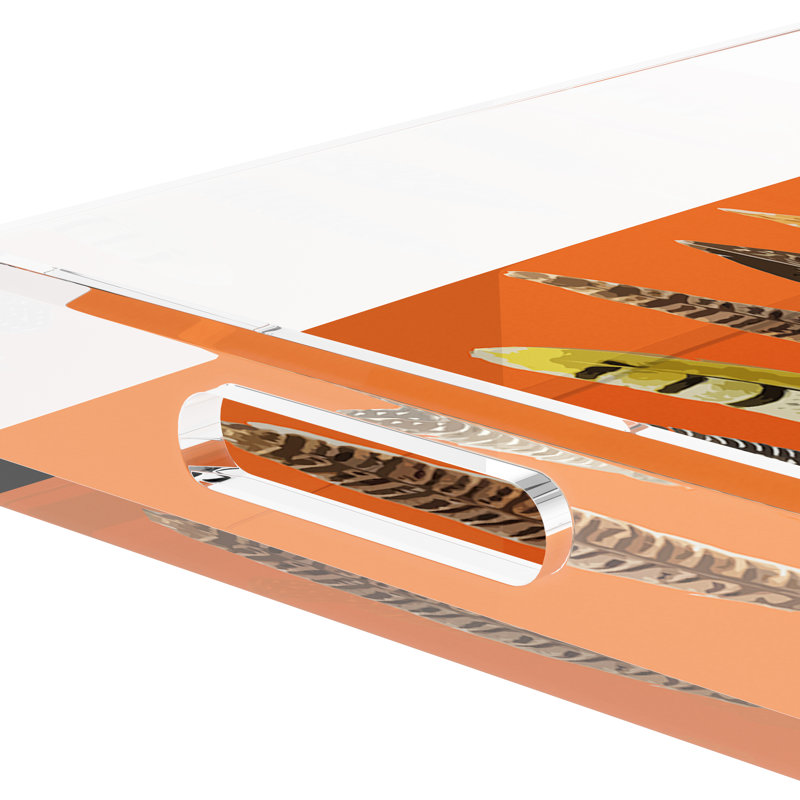 Pheasant Feathers Acrylic Rectangle Decorative Tray, Orange, 22.5"W x 14.5"D x 2"H