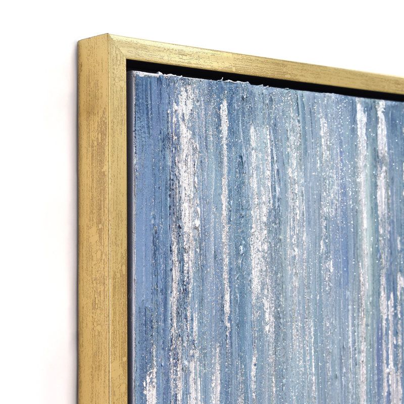 Frozen Rain Blue and Gray Abstract Canvas Art with Gold Frame