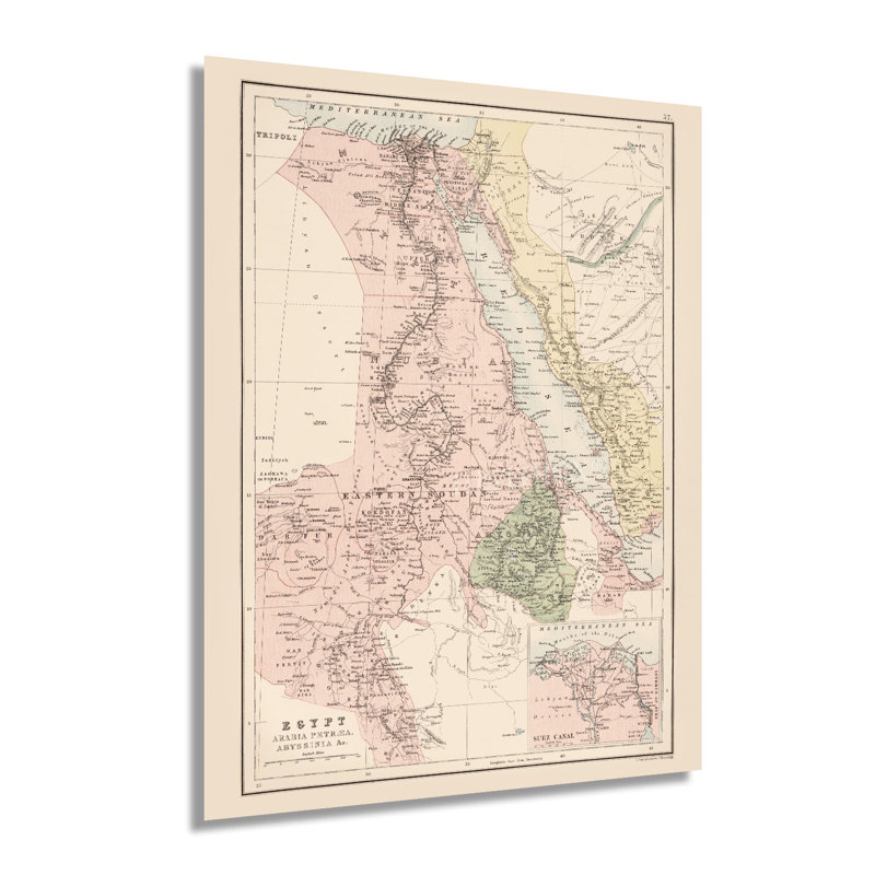 1885 Égypte, affiche de carte sur papier, H 24 po x l 18 po