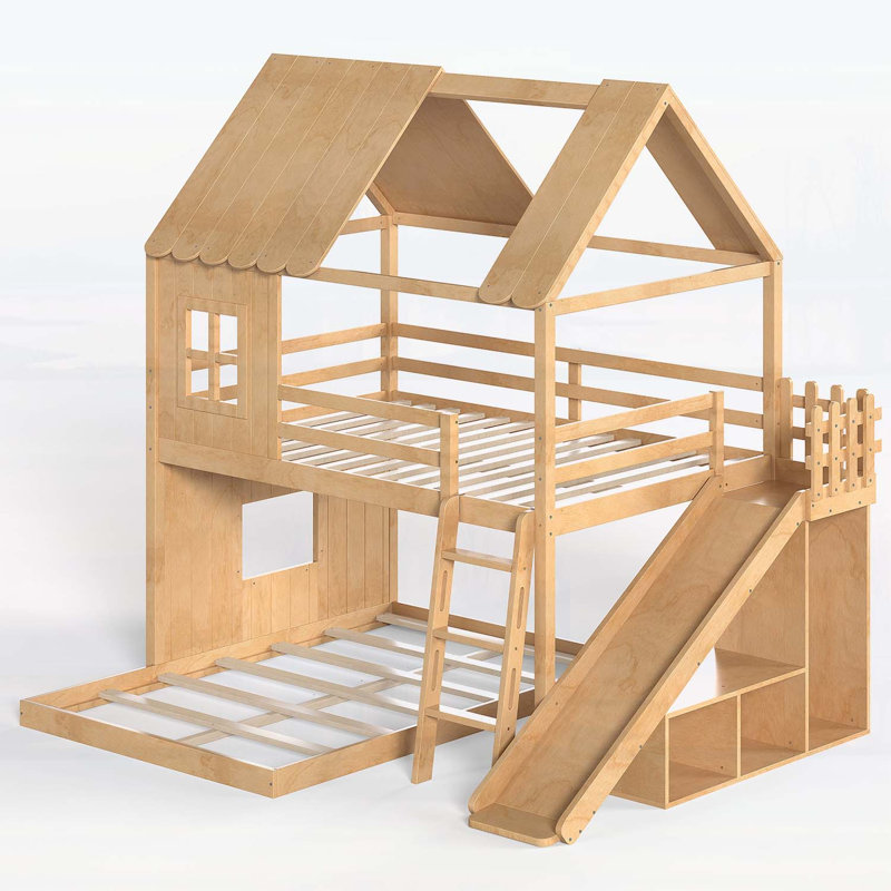Lit superposé double au-dessus de double avec échelles, glissières et rangement, conception de maisonnette pour enfants, finition en bois naturel