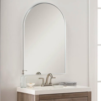 Silver Metal Framed Arched Bathroom Mirror For Wall, Adds Elegance And Reflective Beauty To Any Space.