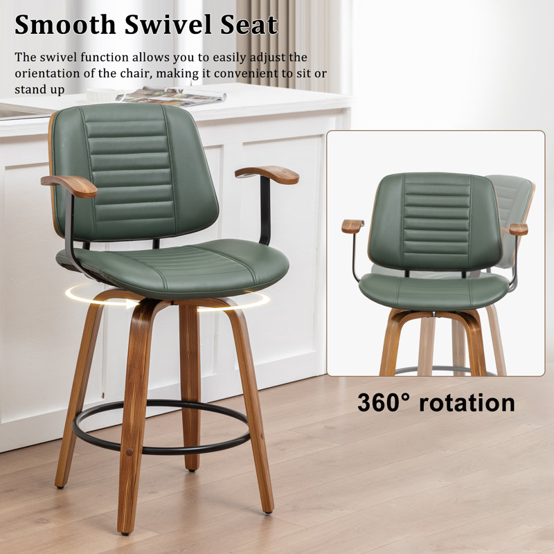 Toriano Modern Faux Leather Swivel Counter Stools With Arms, Green