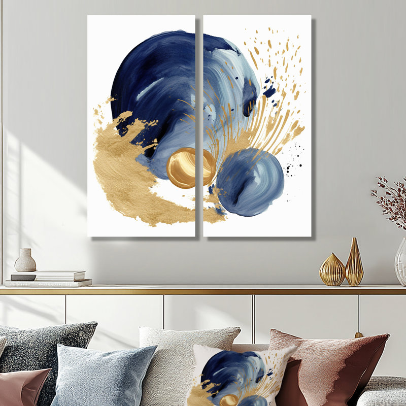 Bleu foncé et or, cercle abstrait, texture I - art mural abstrait géométrique pour le salon, H 40 po x l 40 po, Toile tendue