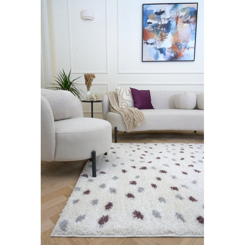 Moodi Modern Shaggy Area Rug Abstract Speckled Design, Off-White Grey/Purple, Rectangle 200 x 290 cm