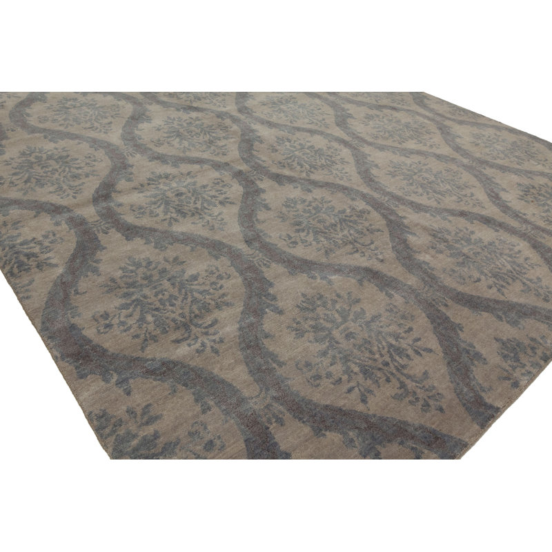 Wool Damask Area Rug in Gray/Beige, Rectangle 2' x 3'
