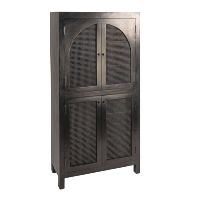 Quinn Mango Wood & Cane Arched Door Curio Cabinet with Storage Shelves by Rowena Interiors