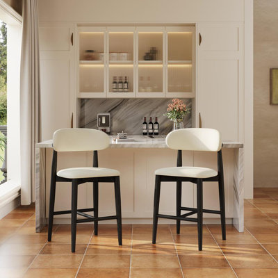 24'' Mid-Century Modern Wood Counter Height Bar Stools Set Of 2, Faux Leather Counter Stools, Beige Bar Stools, Assembled Bar Stools, Black
