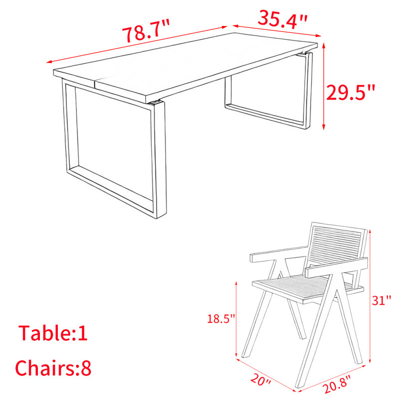 Ensemble de table à manger moderne simple en bois massif noir, H 29,5 po x L 78,7 po x l 35,4 po