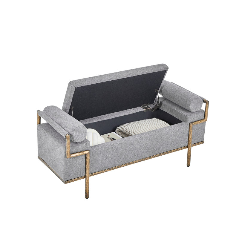 Banc de rangement capitonné à couvercle rabattable avec pattes en métal, Grey