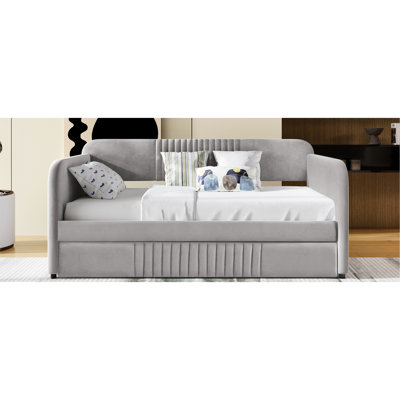 Twin Size Bed, Upholstered Gray Trundle, Wood Slat Support, Modern Design, Space - Saving Option Daybed , Kit, Soft Back And Arms, Long Lasting