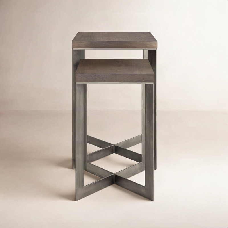 Tulane Solid Wood Top End Table Set, Nickel/Medium Brown