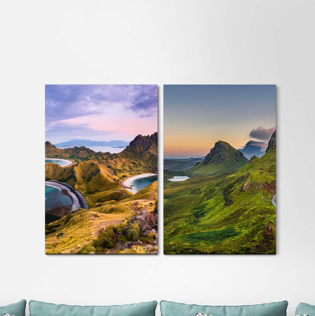 2-tlg. Leinwandbilder-Set - Grafikdruck „Mountains Island Green Nature Untouched Horizon Silence”