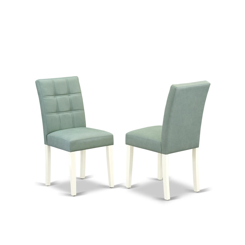 Amelius Parsons Dining Chairs - Willow Green Polyester Fabric Padded Seat and Button Tufted Chair Back - Linen White Finish, SET OF 2