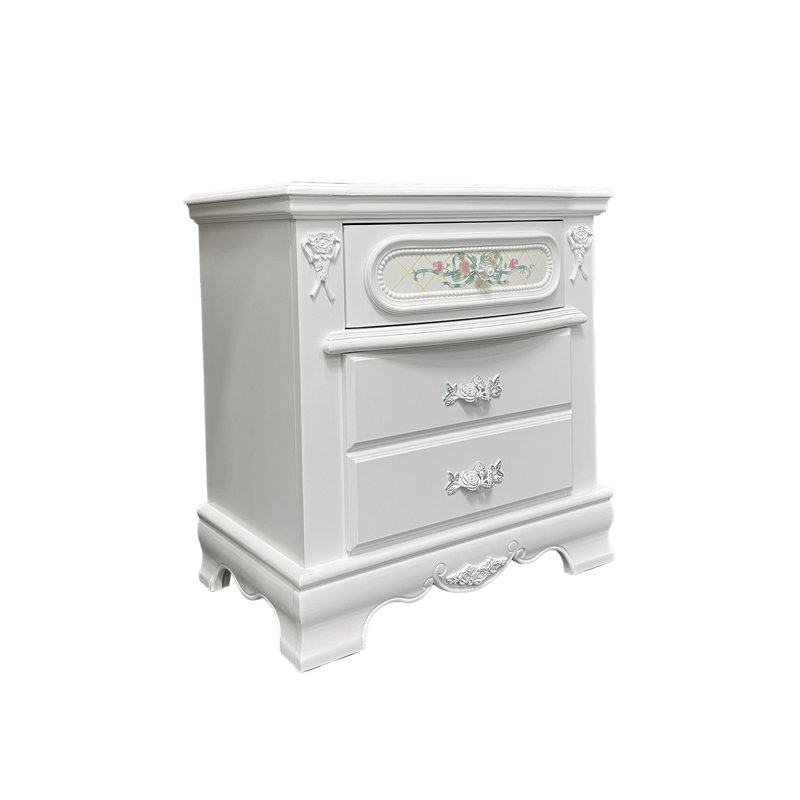 Table de chevet blanche à 2 tiroirs avec motifs floraux