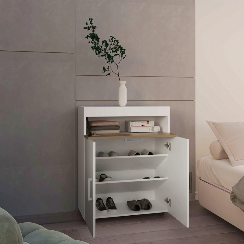 Range-chaussures, 3 portes, 3 tablettes, 4 pieds, chêne blanc / naturel