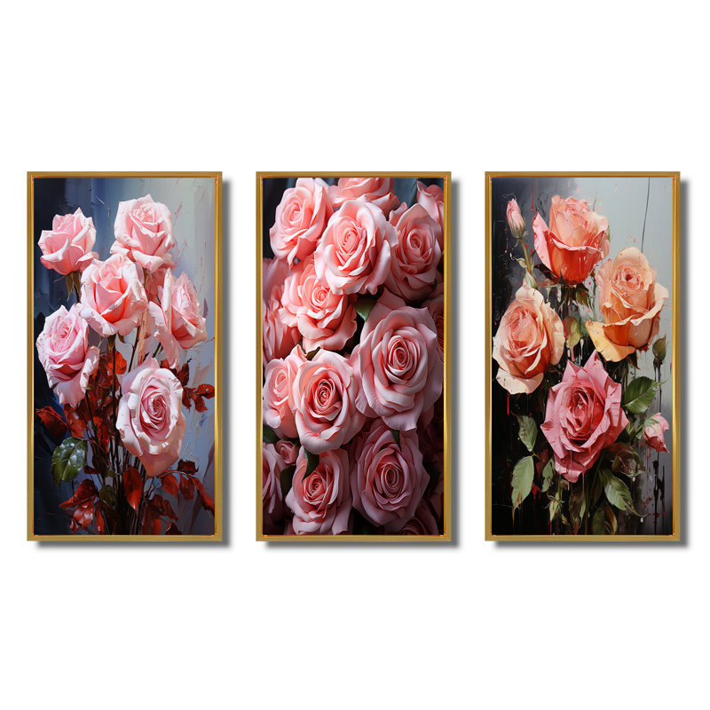 "Bouquet de roses ravissantes" - 3 pièces sur toile, Cadre flottant doré, H 40 po x l 60 po
