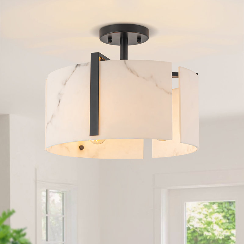 3-light Natural Alabaster Semi Flush Mount With Unique Texture, Matte Black