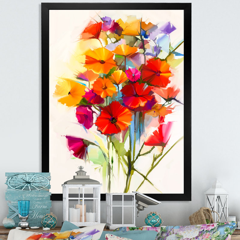 «Abstract Paintbrush Spring Flower Bouquet VI», art mural traditionnel sur toile, Toile avec cadre noir