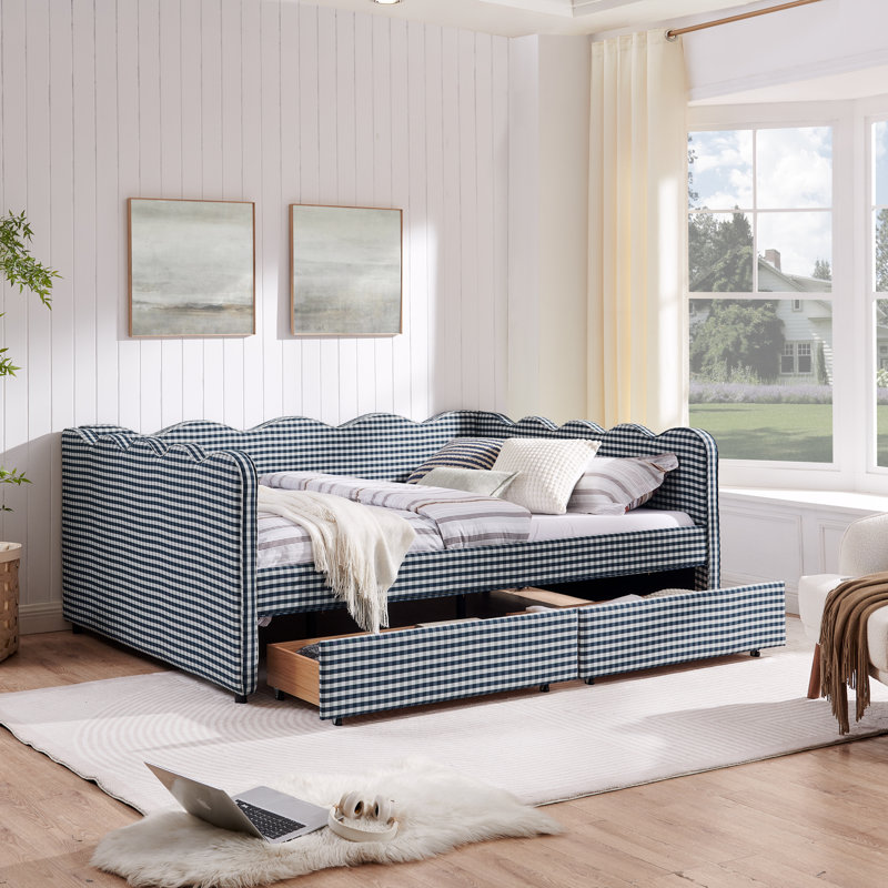 Cozy Gingham Daybed with USB Port and Adorable Wave Shaped, Drawers, Queen, Navy Blue