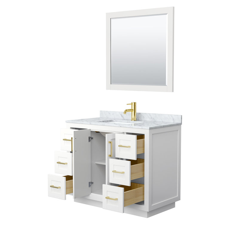 Miranda 42" Freestanding Single Bathroom Vanity with Marble Top with 34" Mirror, White, Brushed Gold