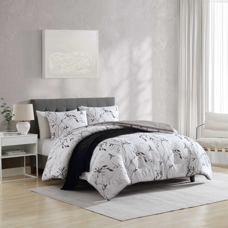 Kenneth Cole Ink Wash Vine Comforter Bonus Set, Gray/White, King Comforter + 2 King Shams