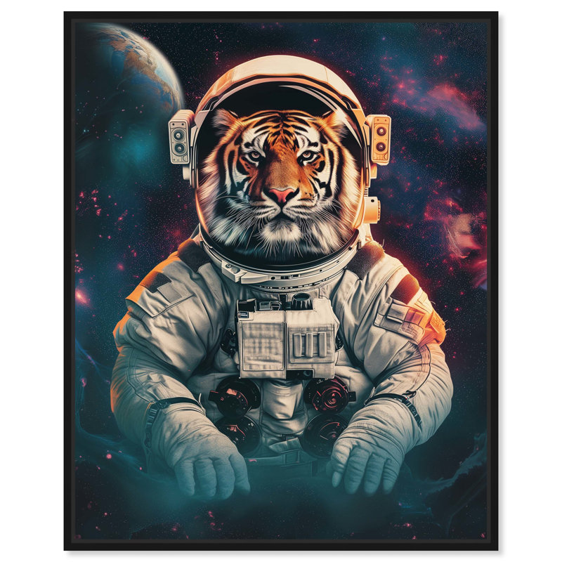 «Astronaut Tiger», art mural par Notoriart, H 31 po x l 25 po, Cadre noir