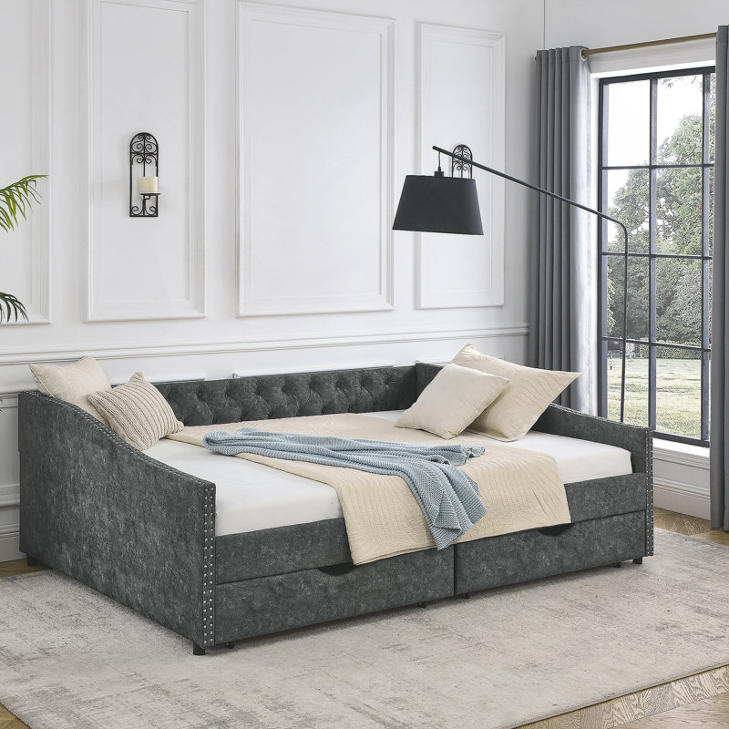 Daybed With Trundle Upholstered Tufted Sofa Bed, Gray, Queen