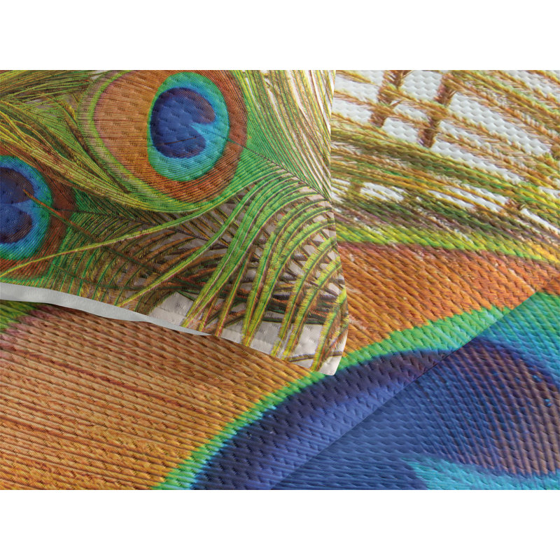 Twin White Quilted Bedspread Set with Peacock Design