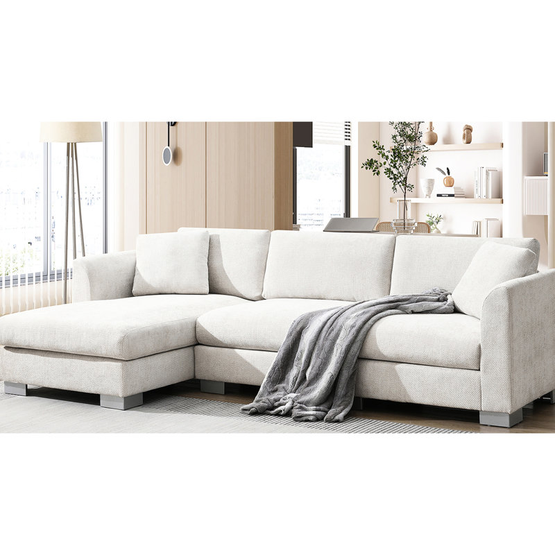 Canapé d'angle moderne et luxueux, 244 x 142 cm, en forme de L, revêtement en chenille, méridienne surdimensionnée, 4 coussins (dont 2 inclus), idéal pour la maison, le bureau ou un appartement. Coussin de dossier confortable, pieds argentés. Canapé d'angle Cloud.