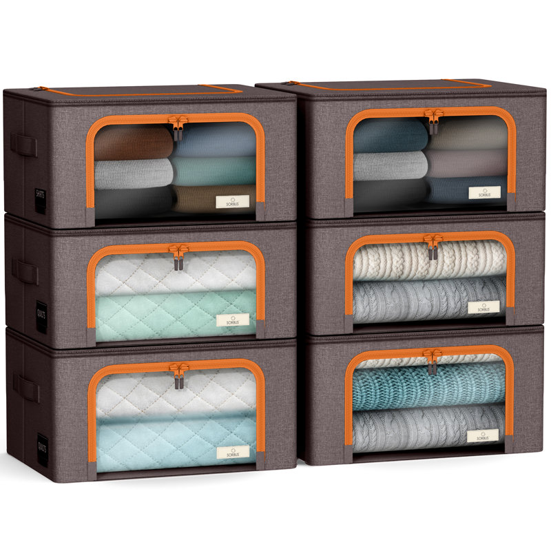 Sorbus Fabric Storage Bins: Stackable, Foldable Organizer Bags, with Clear Window (Set of 6), Brown, Brown