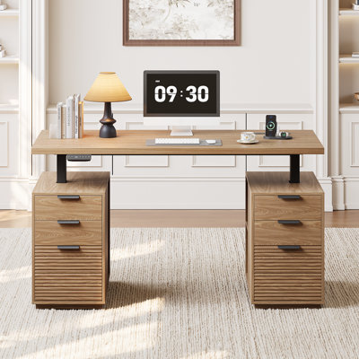 Electric Standing Desk with Storage, 63'' Height Adjustable Computer Desk with File drawers and Outlets