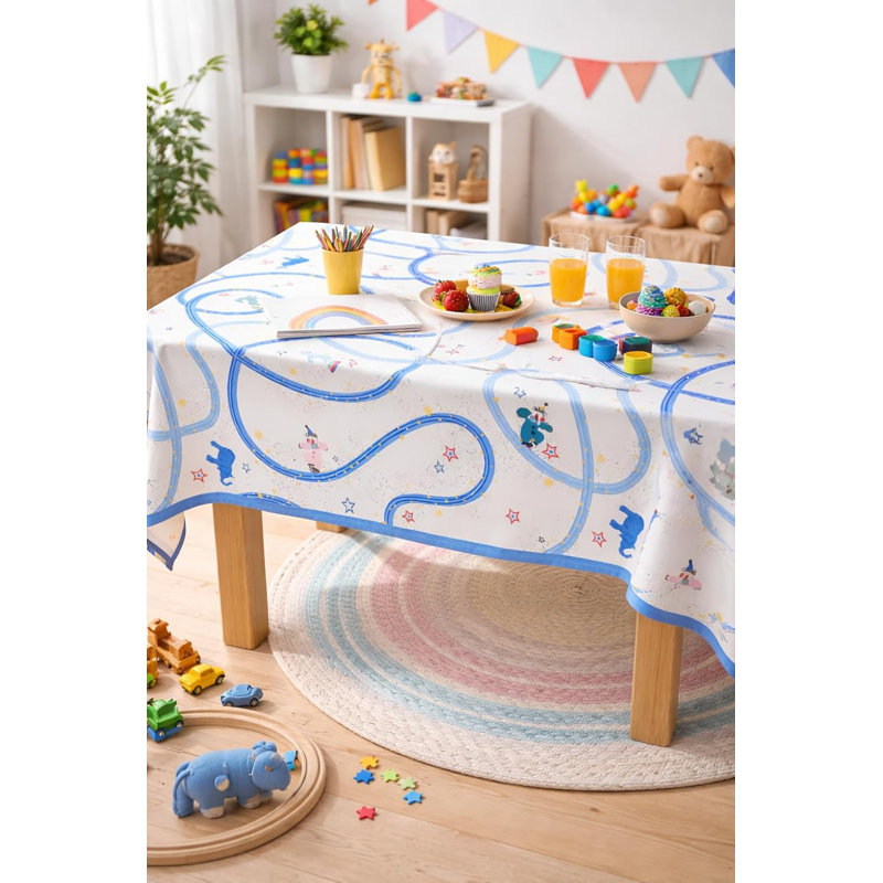 Whimsical Fun Animal & Star Print Playful Circus Scalloped Tablecloth 56" X 71"