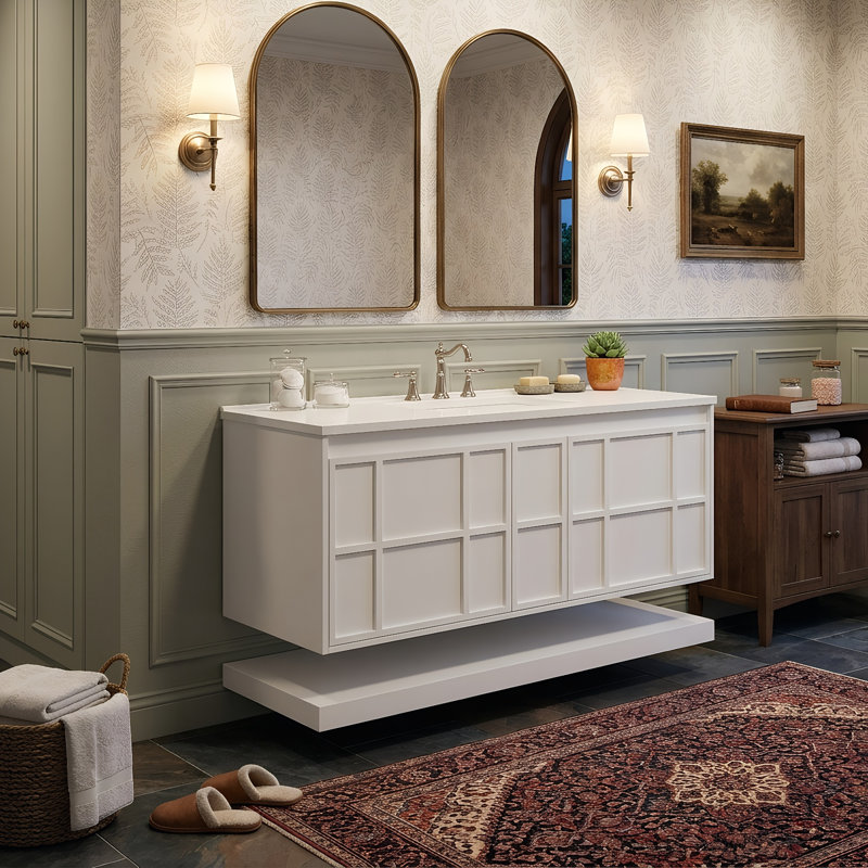 Meuble-lavabo mural de 122 cm avec lavabo en SMC et tablette ouverte, armoire de rangement sans poignées en MDF peint (blanc)