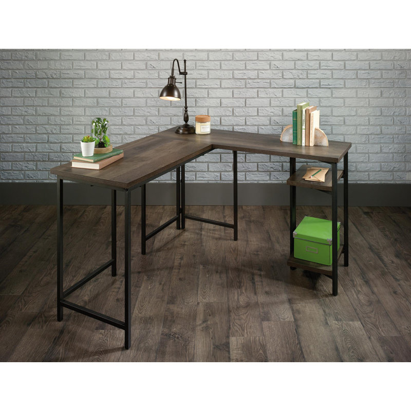 Hersh L-Shaped Metal Base Executive Desk, Smoked Oak