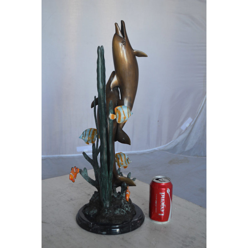 Valleystone Two dolphins with fish, table top bronze statue. -  Size: 8"L x 8"W x 22"H.