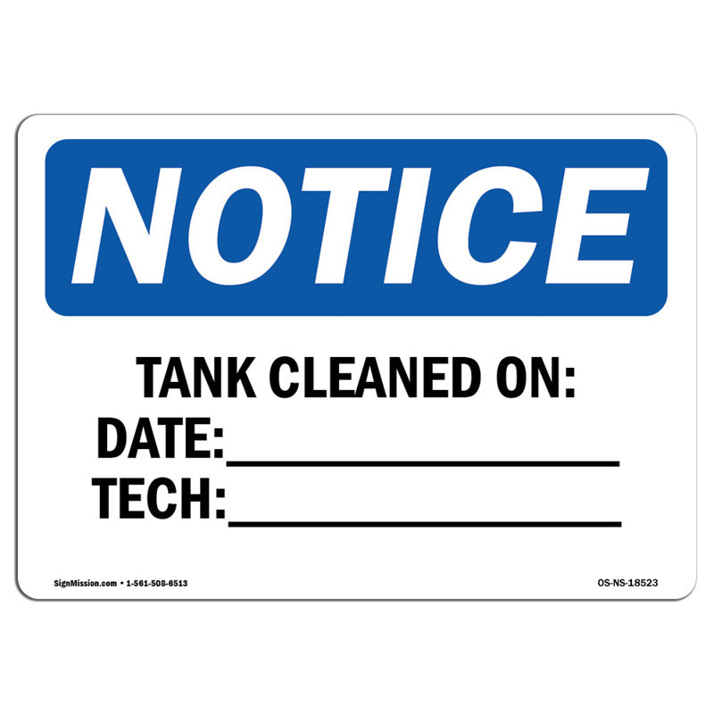 Tank Cleaned on Date Sign