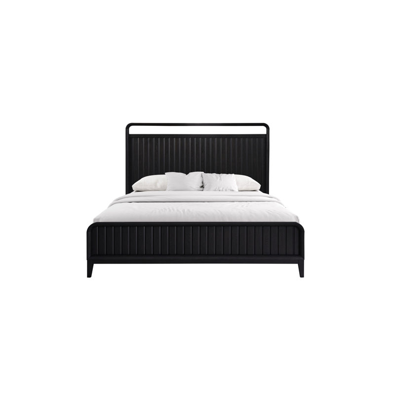 Très grand lit à panneau ouvert en finition grain de poivre, placages, bois massif et noir, P 86,42 po x l 83,05 po, H 59,21 po, 156,33 lb, avec tête de lit à motif de canaux avec placages de + 86 po de profondeur, 82 po de largeur