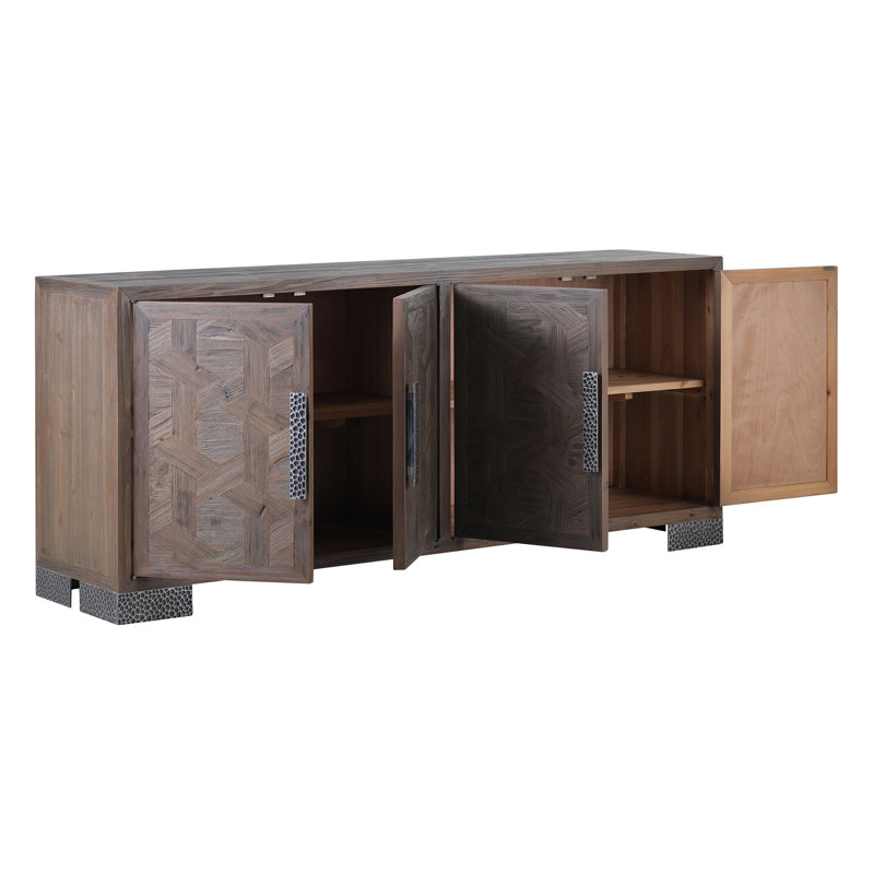  Buffet rétro en bois massif 74 po avec poignées en fer martelé