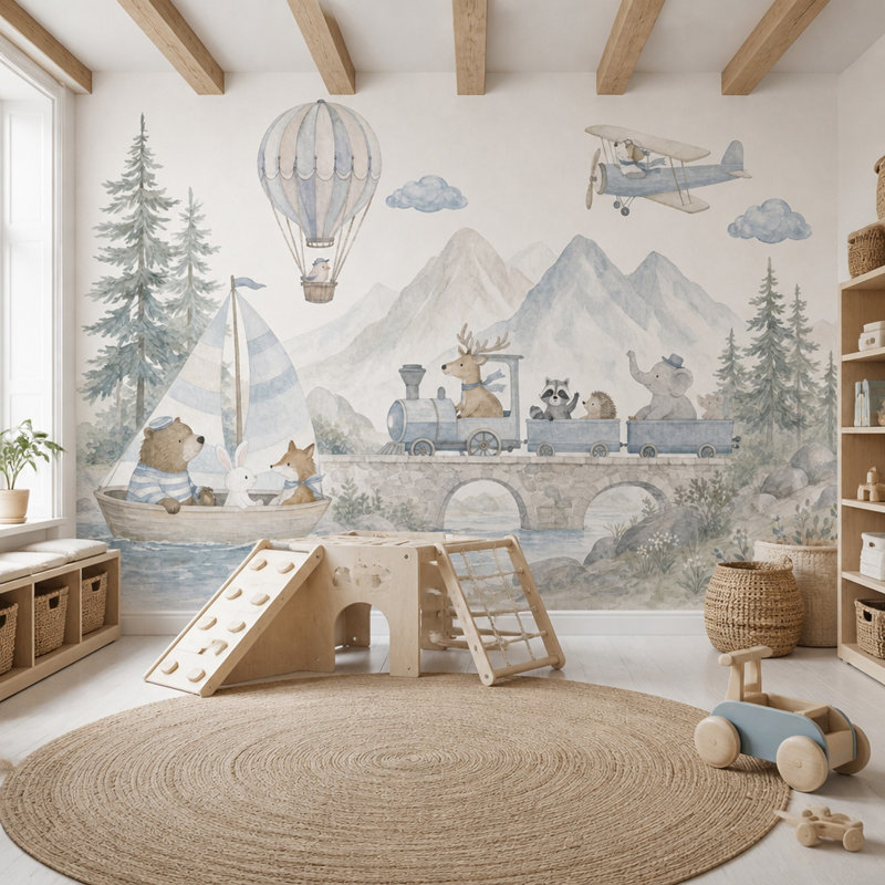 Murale de montgolfière, aquarelle, papier peint pour enfants, 200"x120", Textured Non-Pasted