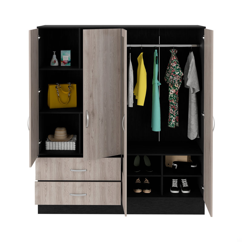 Armoire, six tablettes, deux armoires à deux portes, deux miroirs, deux tiroirs