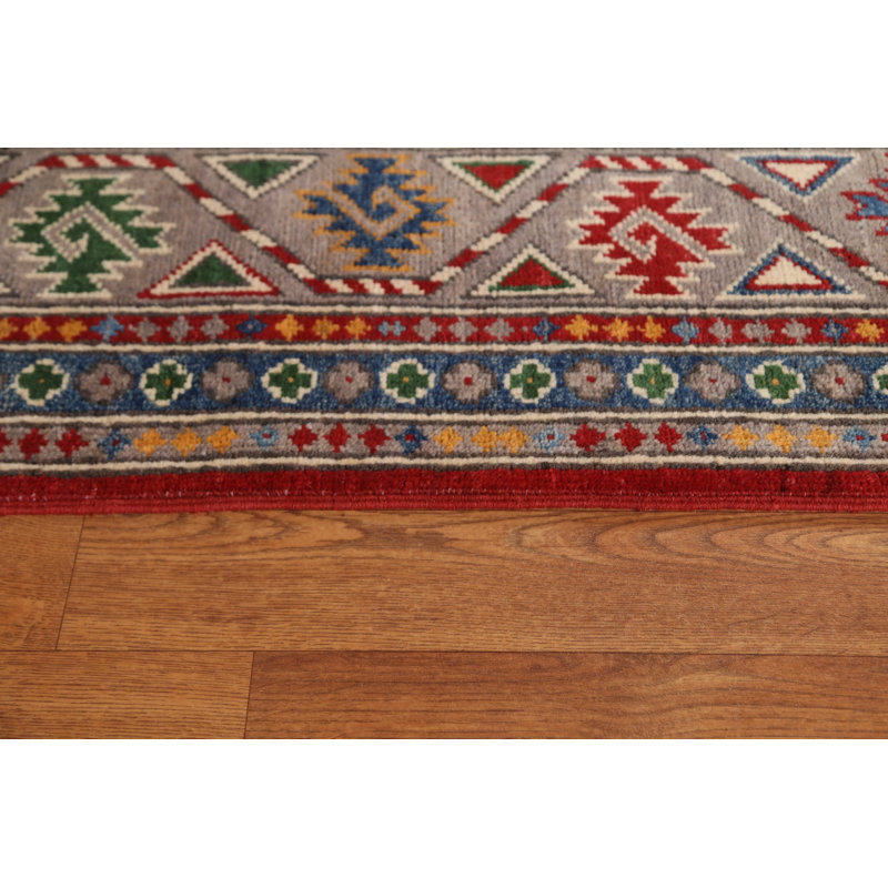 Tapis rouge / beige / bleu en laine noué à la main de conception unique 6 pi 8 po x 9 pi 9 po New Age