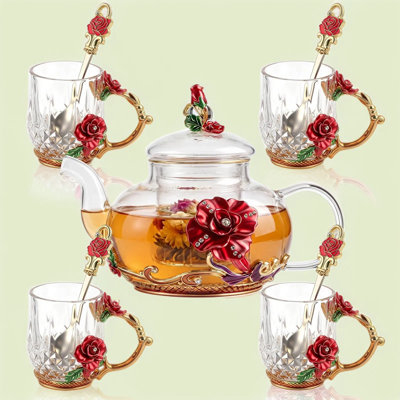5-Piece Floral Glass Tea Set with Teapot and Infuser, 14 oz Vintage Flower Teapot with 4 Rose Enamel Cups and Spoons, Tea Party Set for Women Mom Grandma