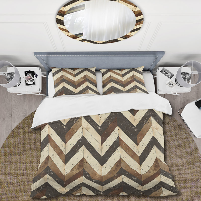 Ensemble de housse de couette Brown Chevron Glam Print IV - Midcentury, Housse de couette très grand + 2 taies décorativ
